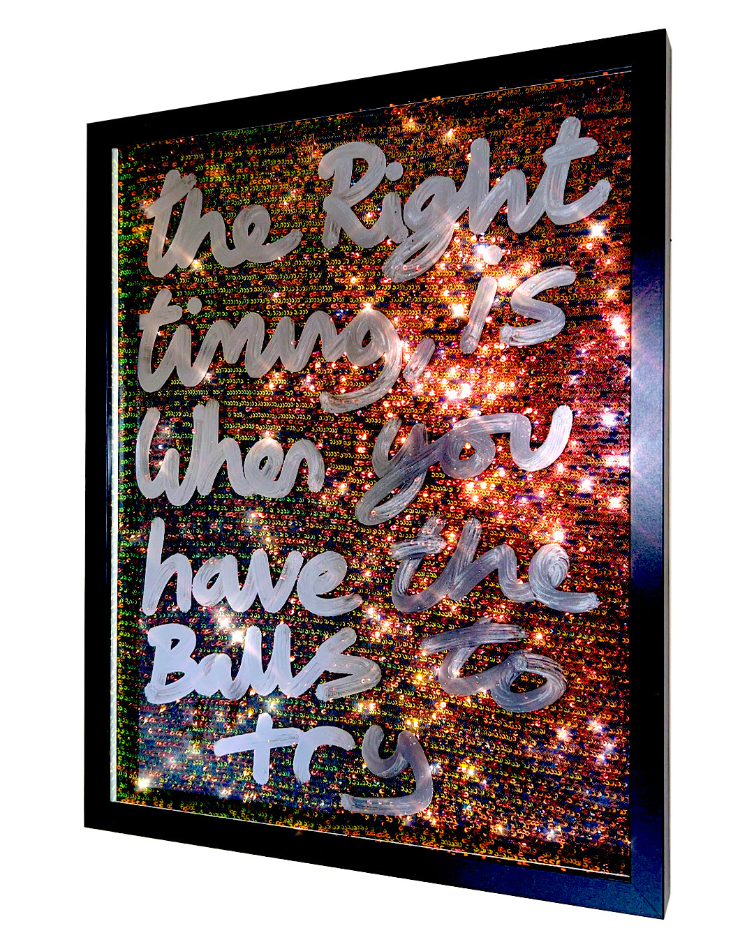 Right timing. Liquid chrome ink over two tone bronze/green sequins.