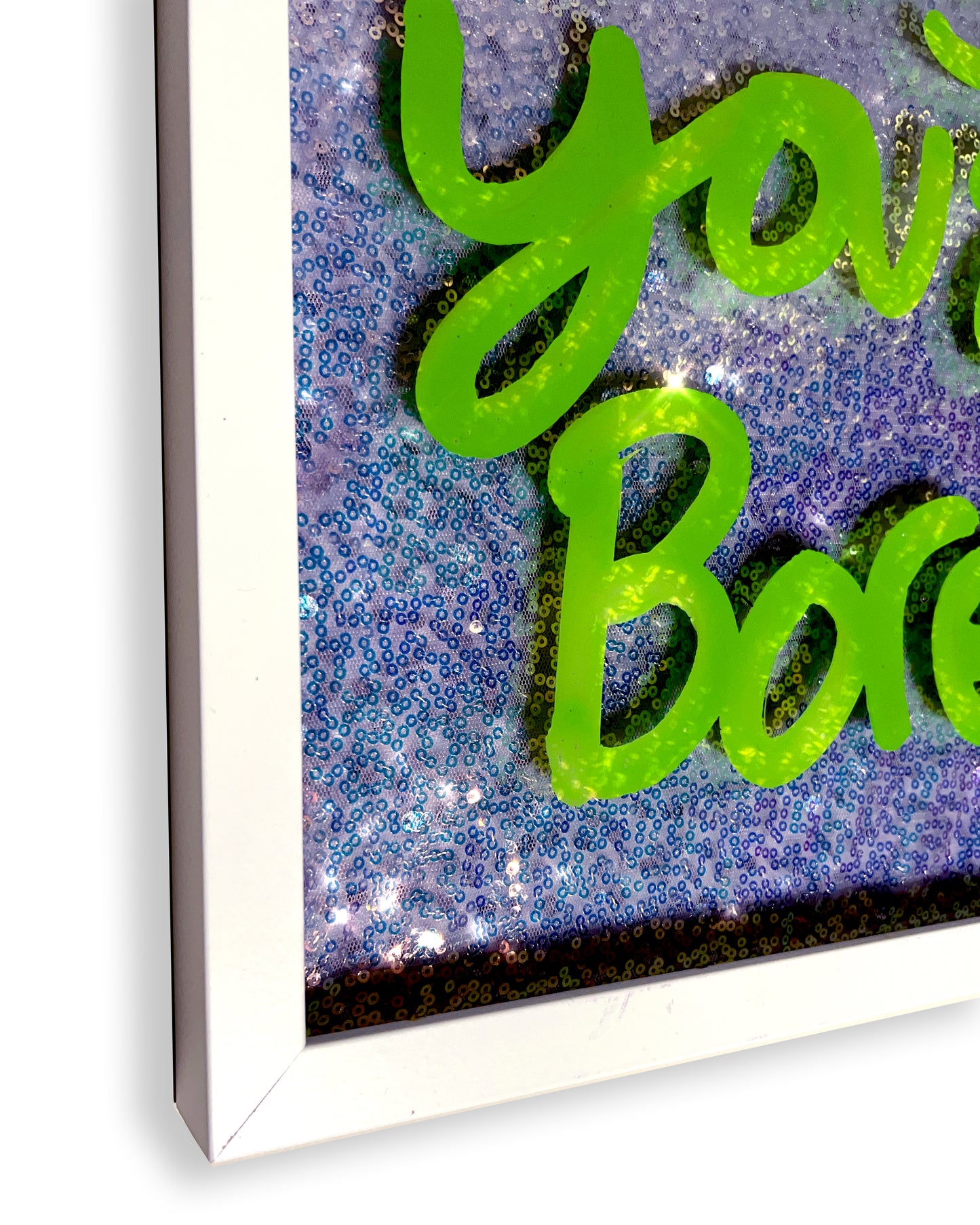 If it was easy. Vibey Green ink over Complex Lilac sequins. Medium.