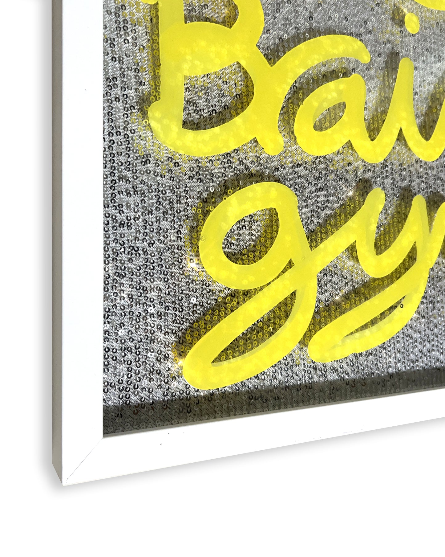 Brain Gyms. Yellow ink over ice silver sequins. Medium.