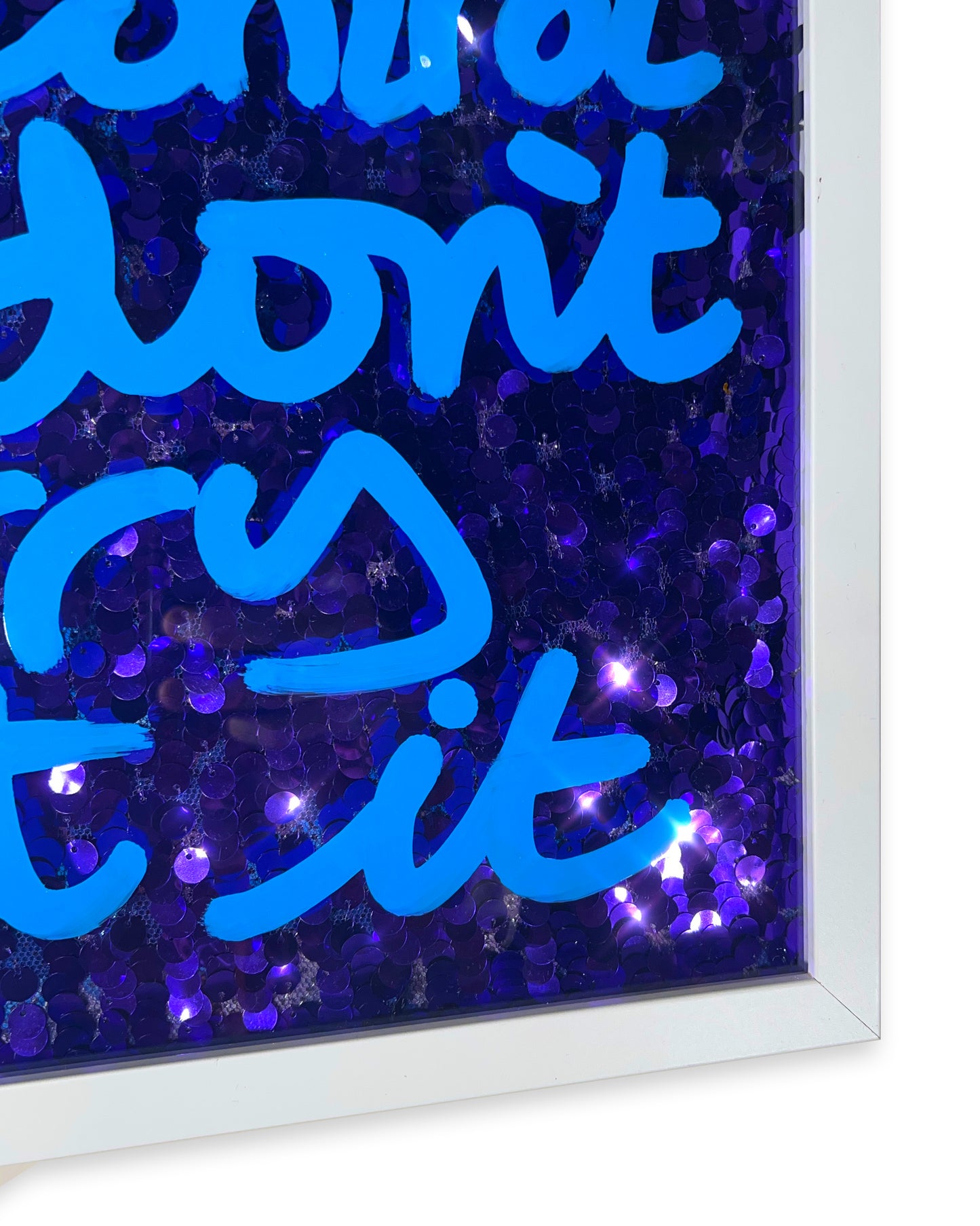 Can't control. Sky blue ink over deep purple sequins. Medium