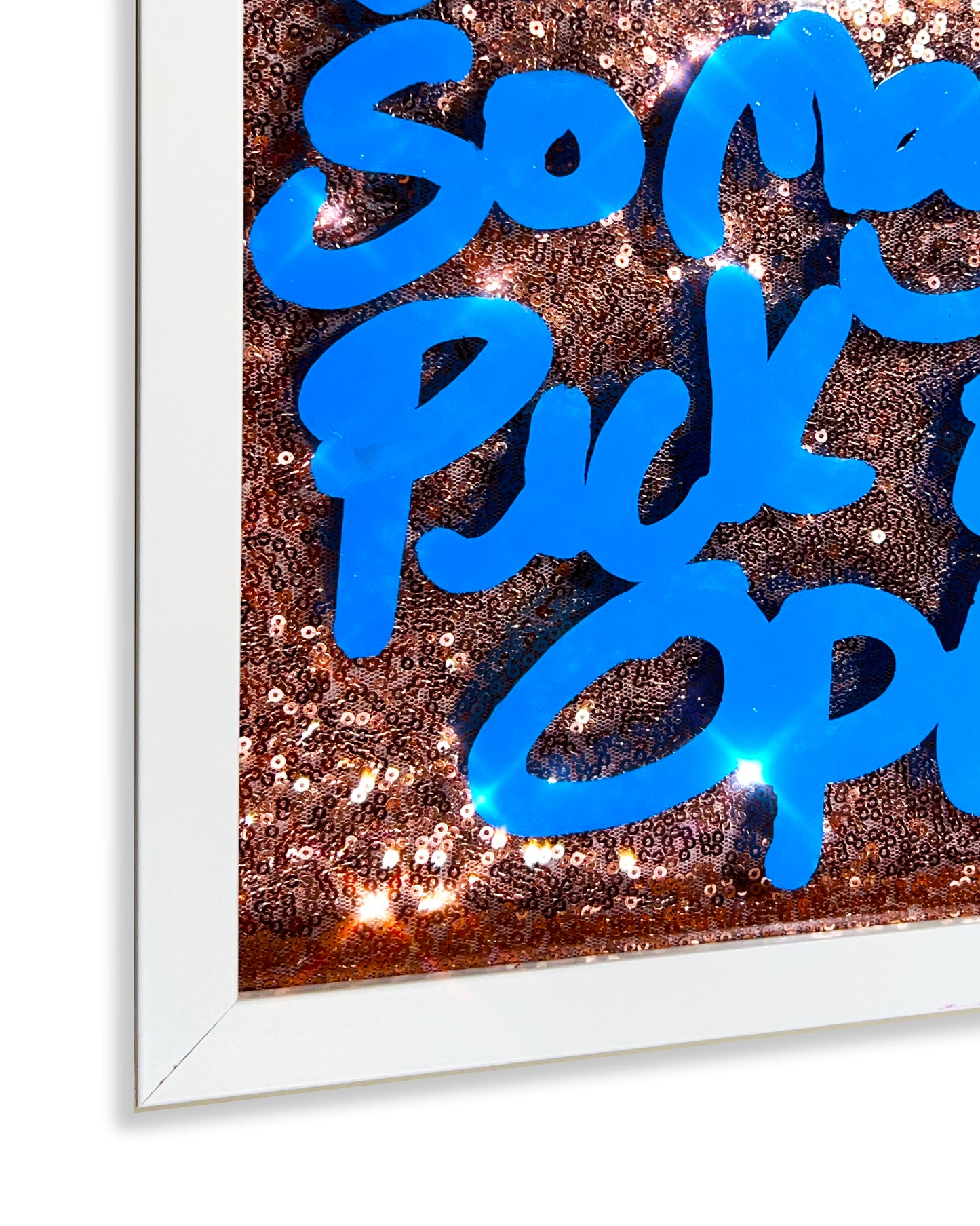 Fun option. Sky blue ink over rose gold sequins. Medium.