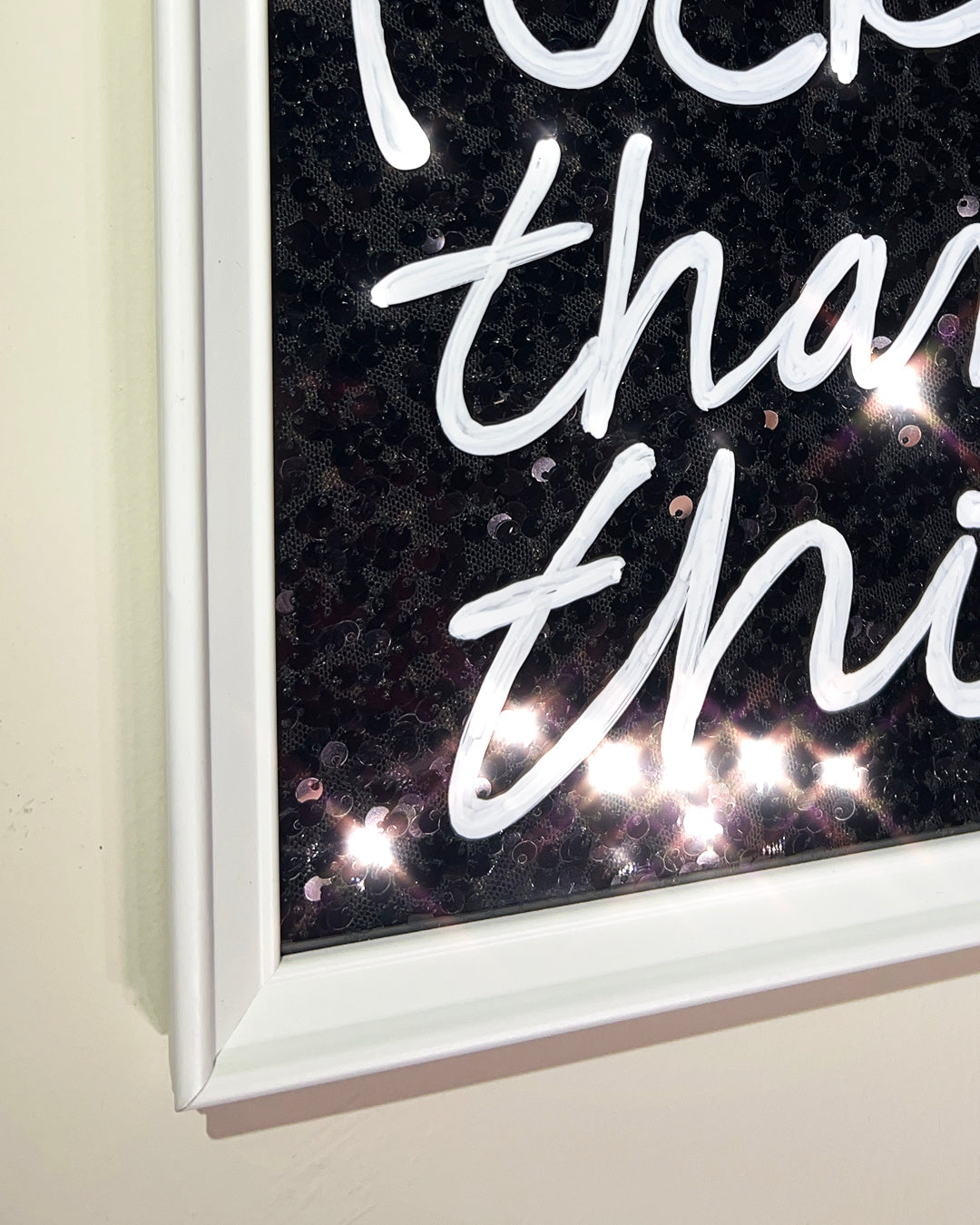 Fuckable. White ink over black sequins. Small