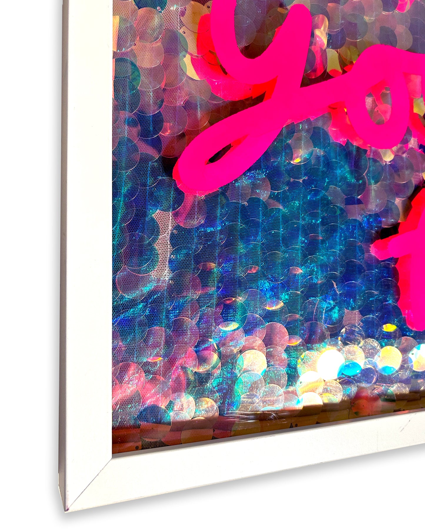 Set you free. Hot Pink Ink over giant mermaid sequins. Large.