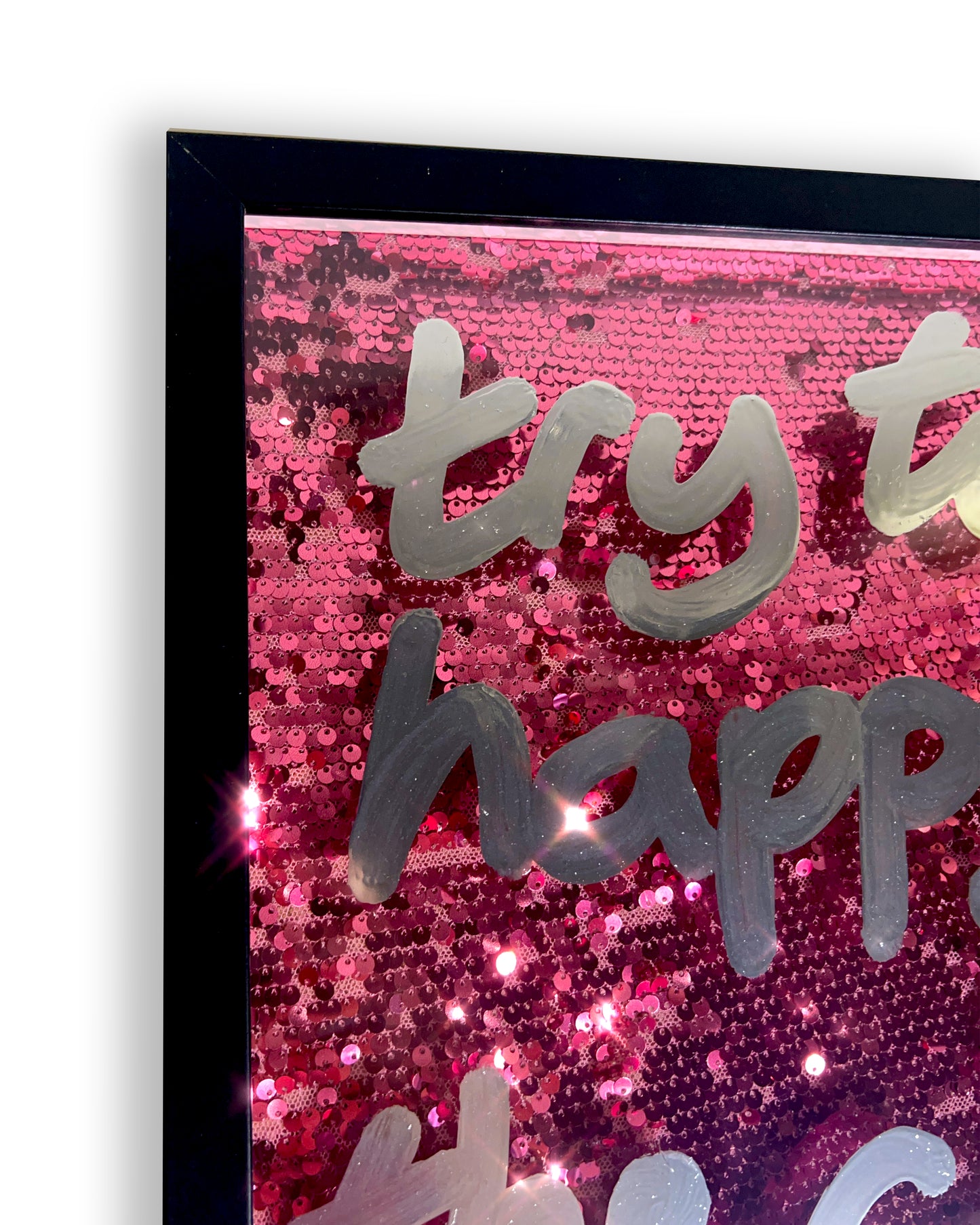 Happy now. Liquid chrome ink over metallic pink sequins. Medium