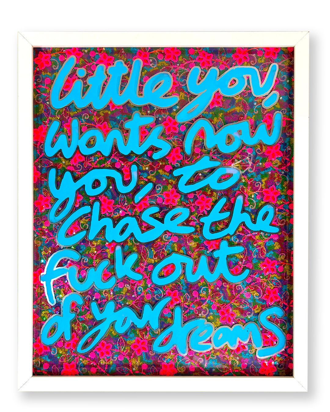 Little you. Blue & Liquid chrome ink over Paraguayan fabric.