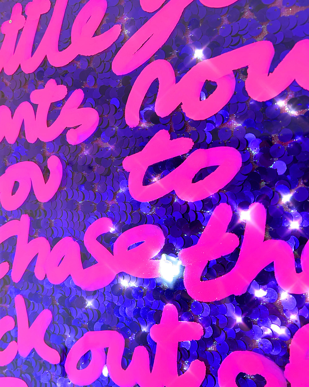 Little you. Pink ink over purple sequins.