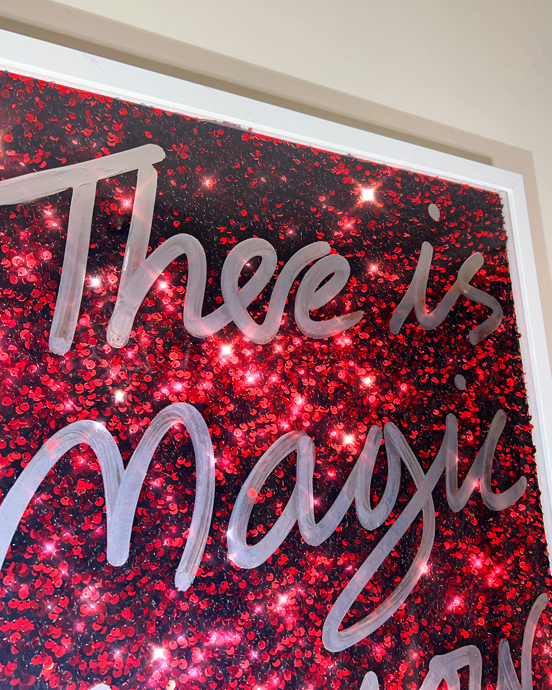Magic.Liquid chrome ink over red sequins. Large.