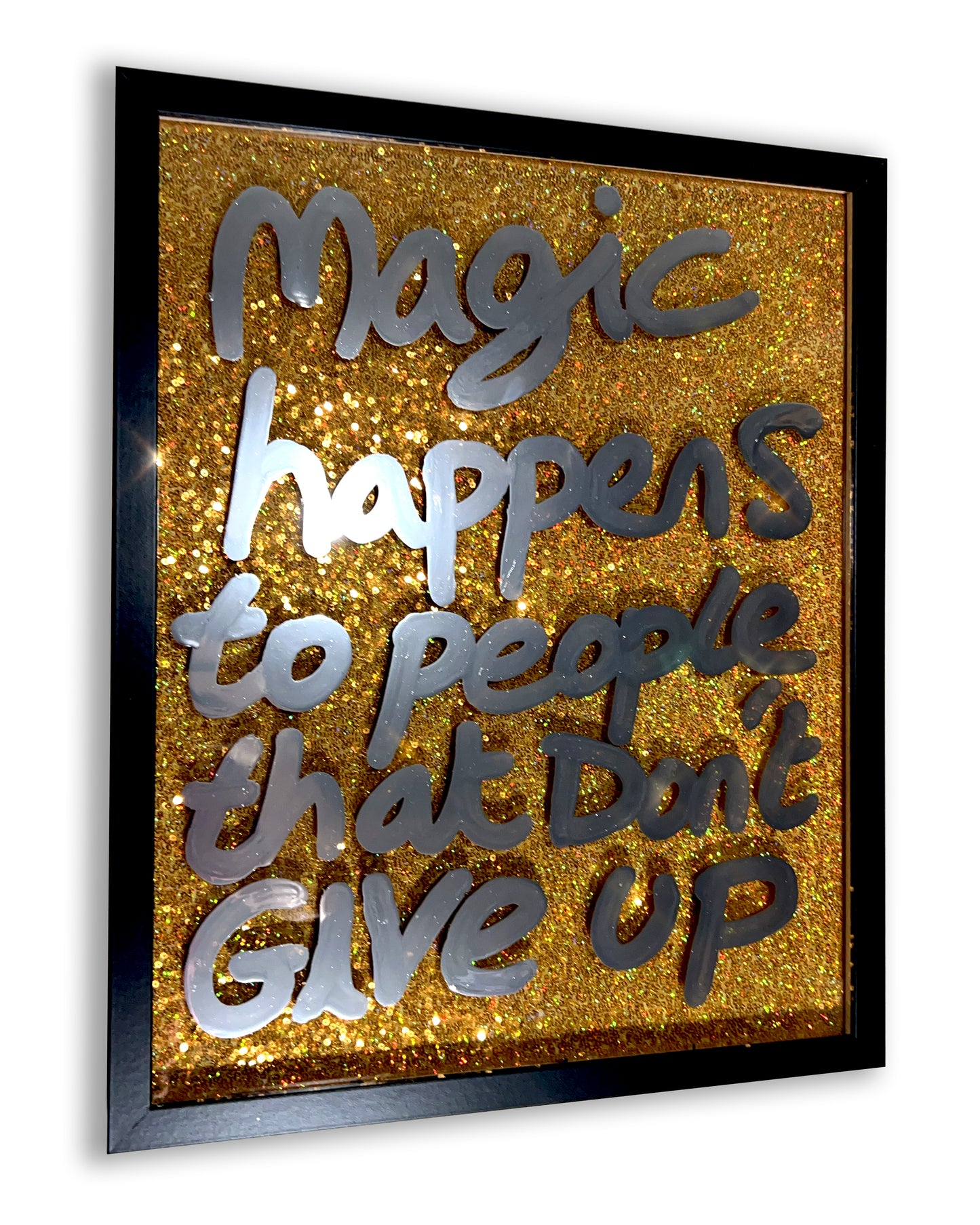 Magic. Liquid chrome ink over rich gold sequins. Medium.