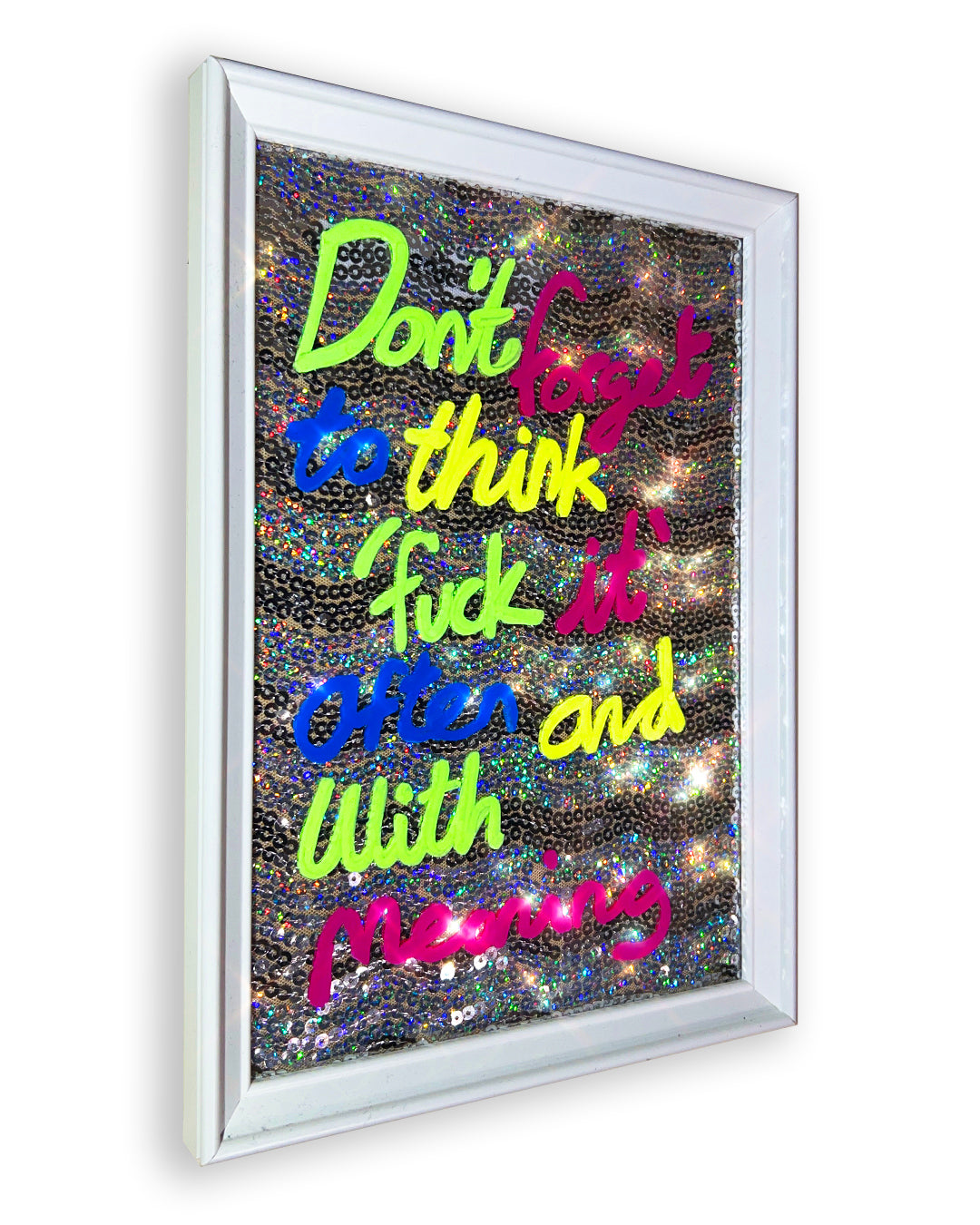 Often and with meaning. Bright inks over iridescent silver sequins. Extra Small.