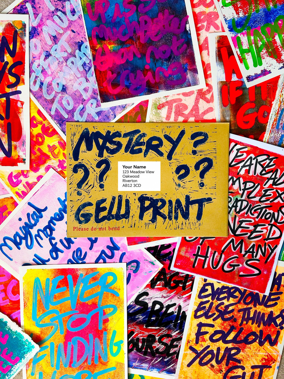 Mystery Gelli Print with hand printed envelope and colourful original prints