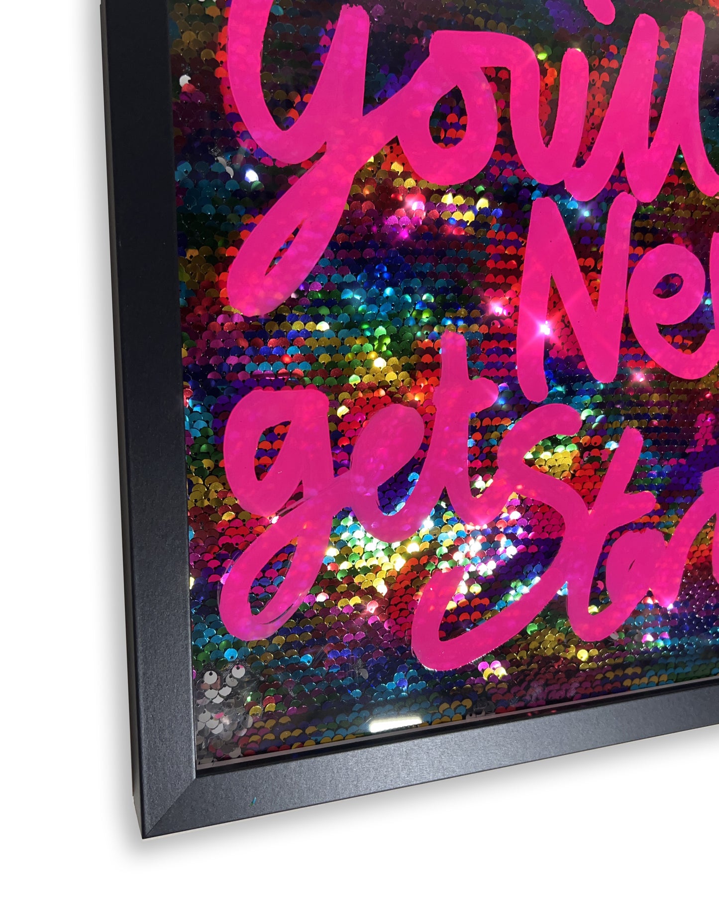 Get started. Pink over rainbow coloured sequins. Medium.