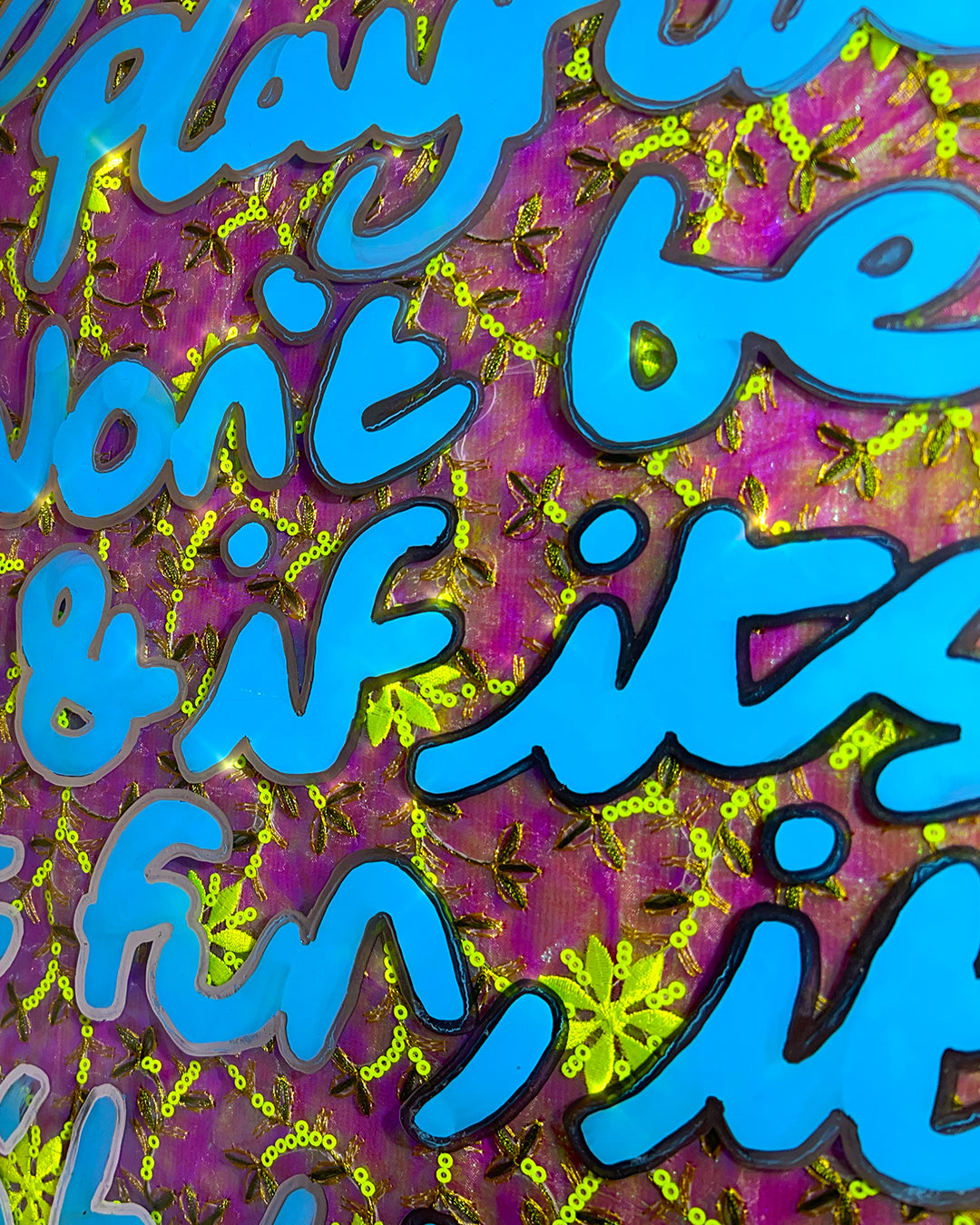 Playful. Blue & Liquid chrome ink over Paraguayan fabric.