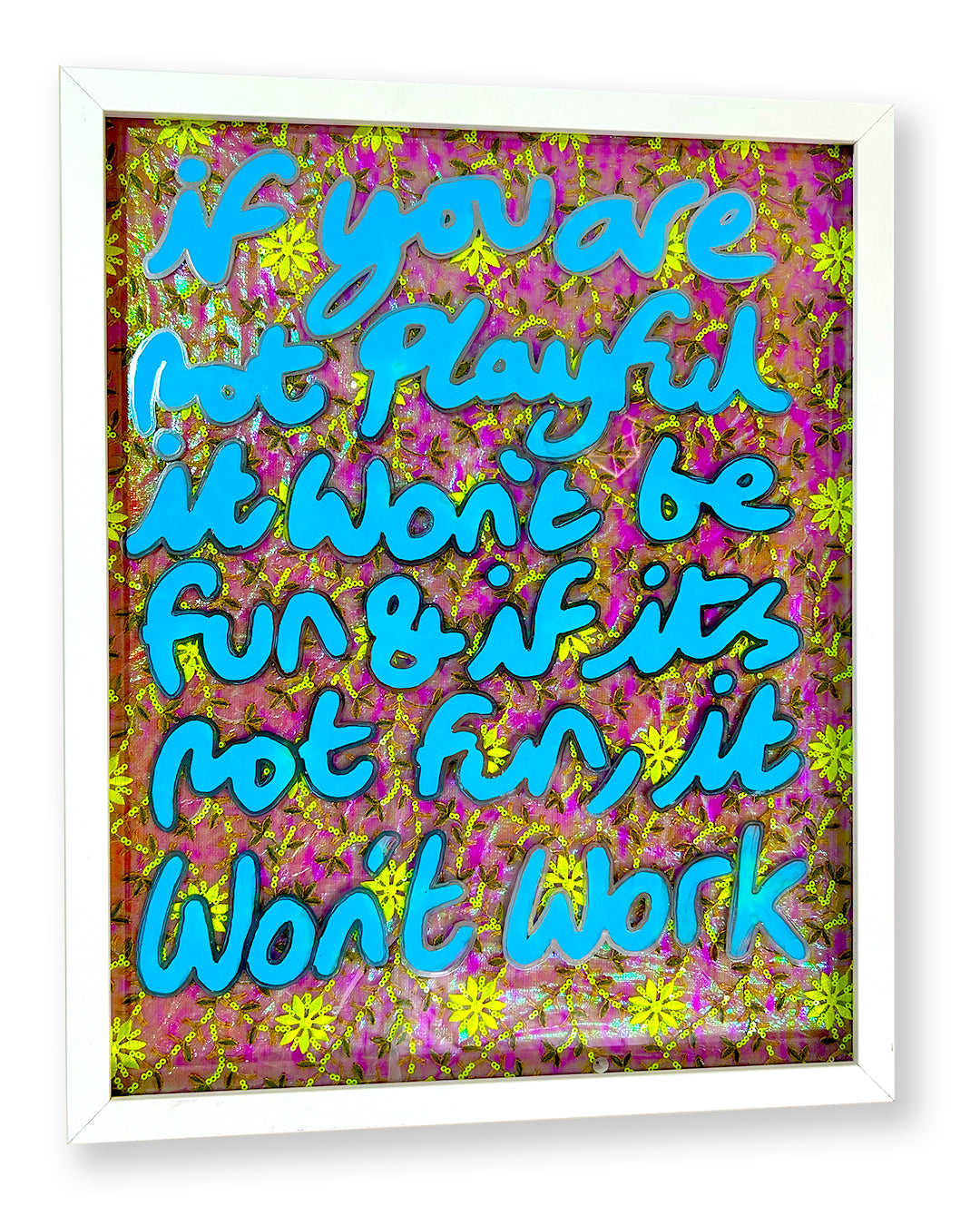 Playful. Blue & Liquid chrome ink over Paraguayan fabric.