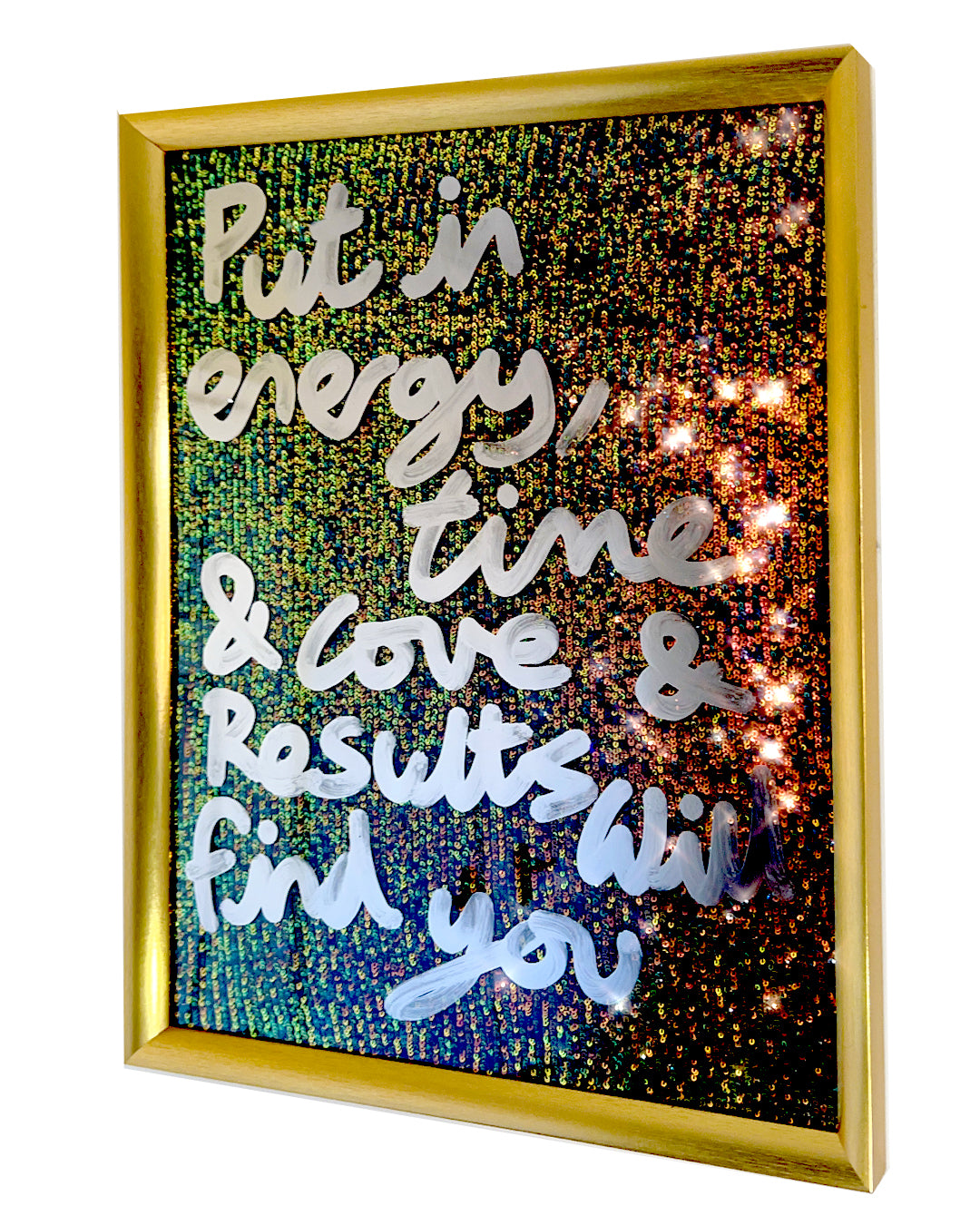 Put in energy. Liquid chrome over green/bronze sequins.
