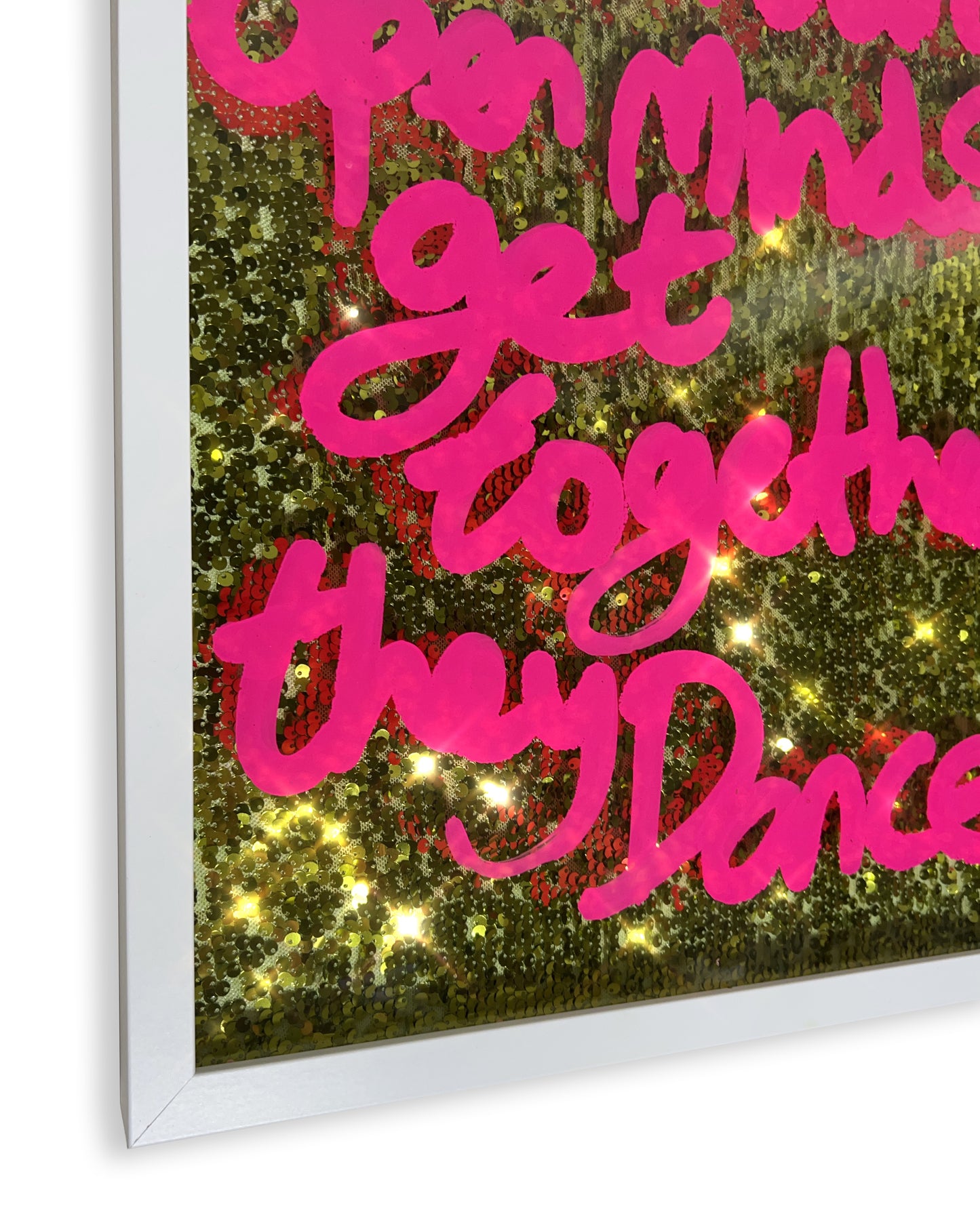 Two open minds. Hot pink ink over lime gold sequins. Medium.