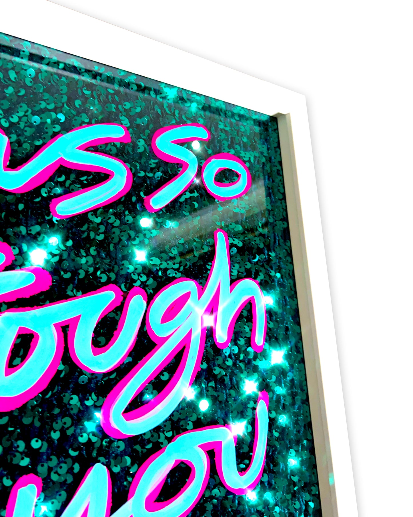 Fun parts. Blue/Pink Ink over frosted green sequins. Large.