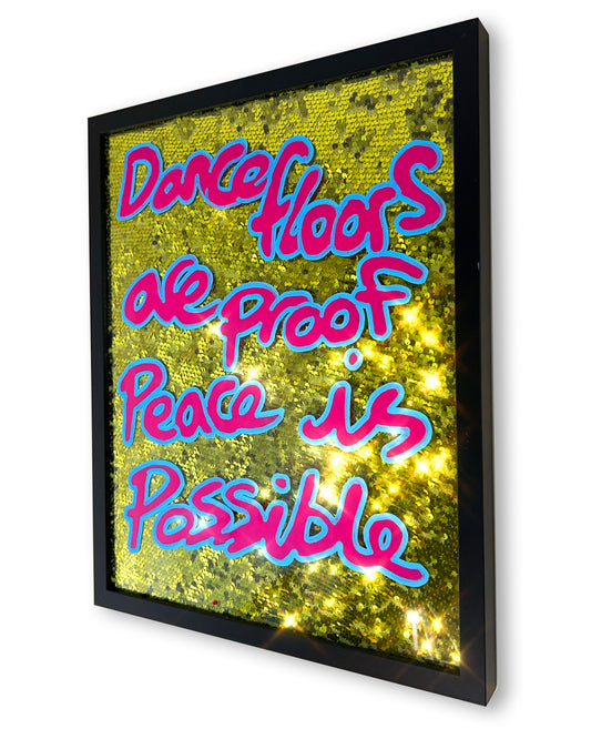 Proof peace is possible. Funky pink/blue combo ink over vibey yellow sequins. Medium