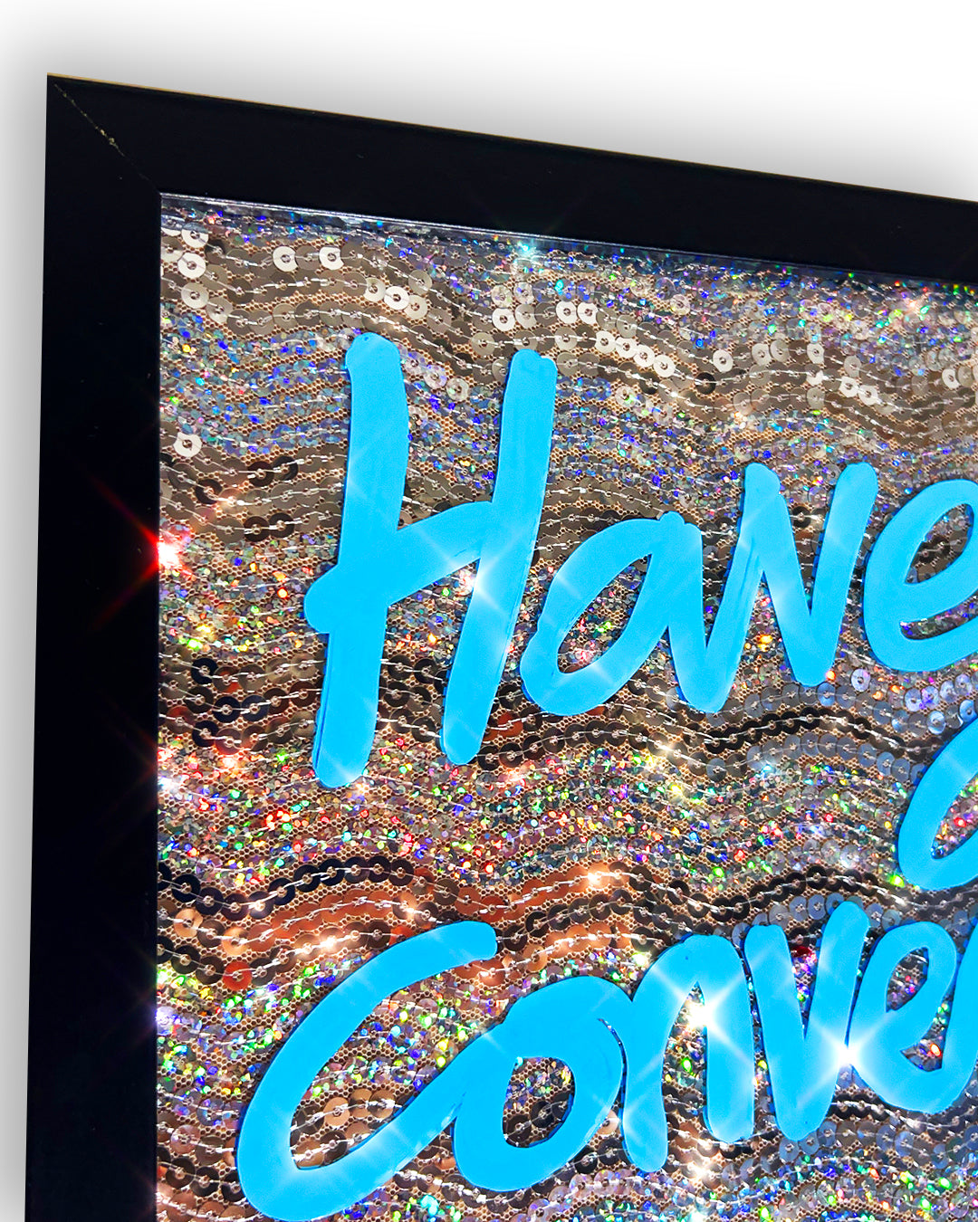 Difficult conversations. Sky blue ink over iridescent silver sequins. Medium.