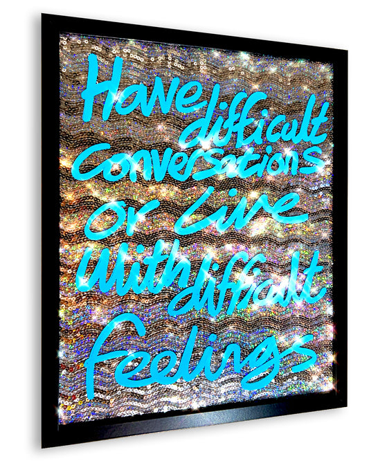 Difficult conversations. Sky blue ink over iridescent silver sequins. Medium.