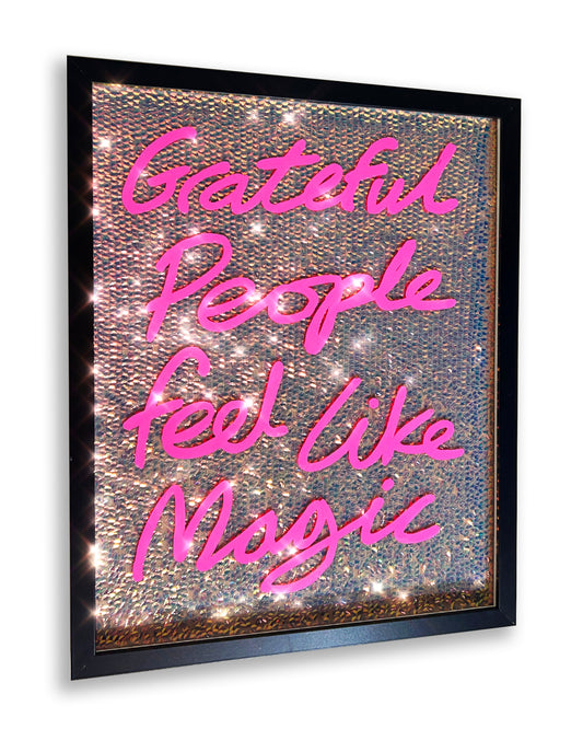 Grateful people. Pink ink over iridescent warm goid sequins. Medium.