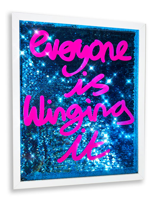 Winging it. Pink ink over blue sequins. Medium.
