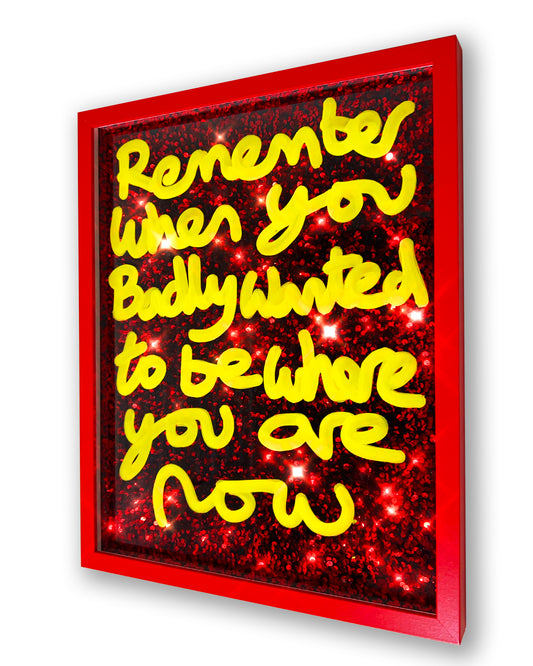 Badly wanted. Sunshine yellow ink over red sequins. Medium.