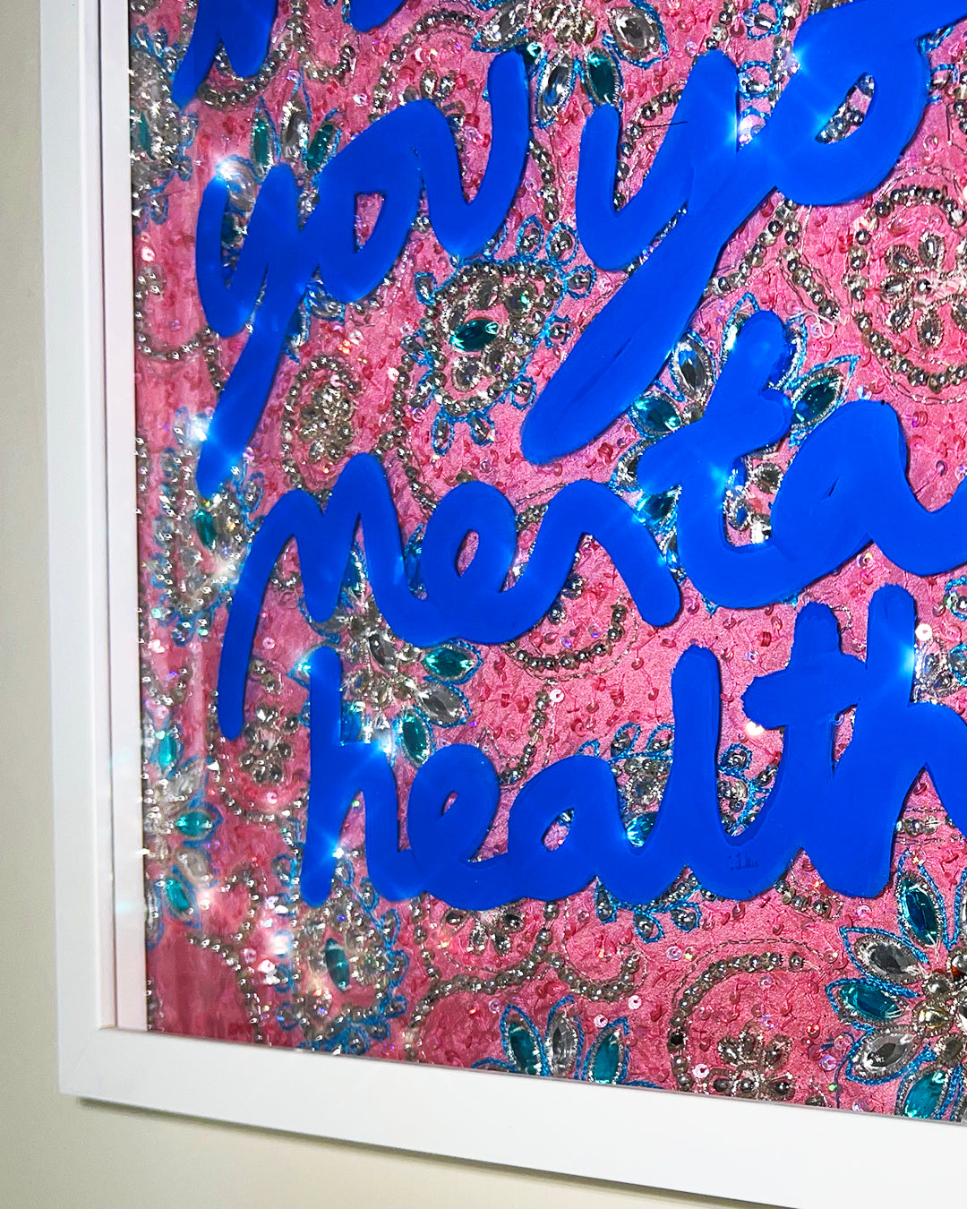 Not success. Deep blue ink over Indian wedding sequins. Medium.