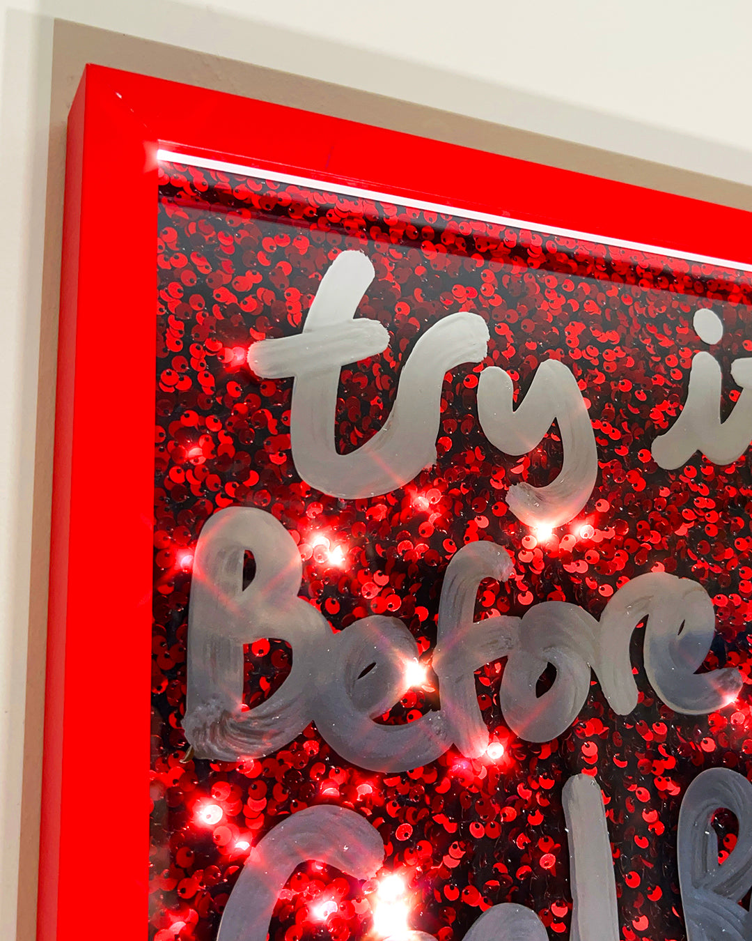 Before you feel ready. Liquid chrome ink over red sequins. Medium.