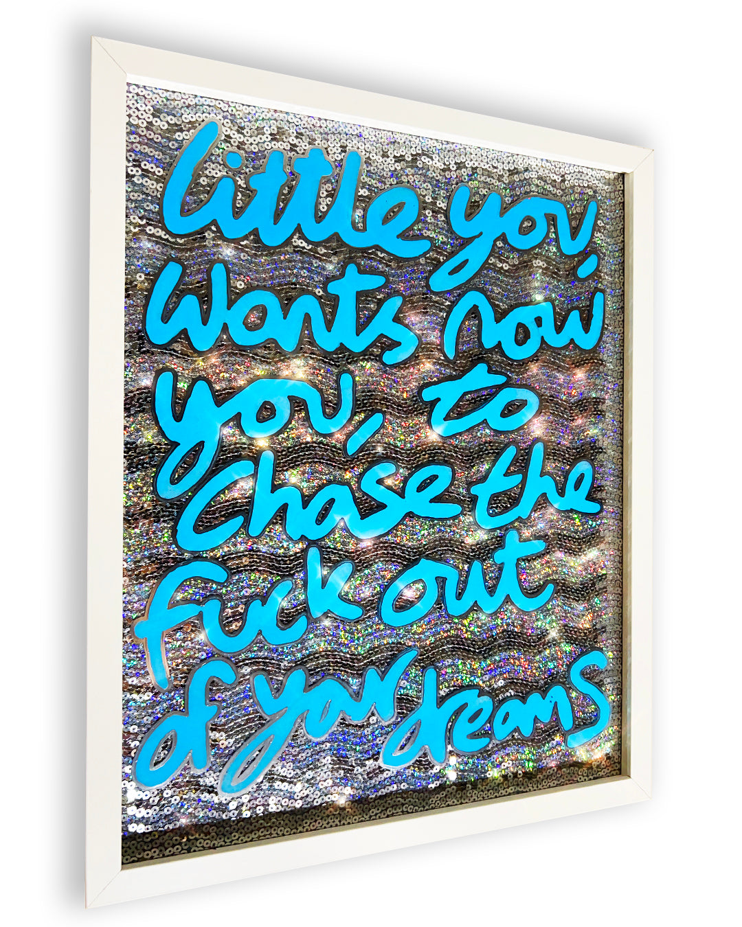 Little you. Sky blue ink over iridescent silver sequins. Medium.