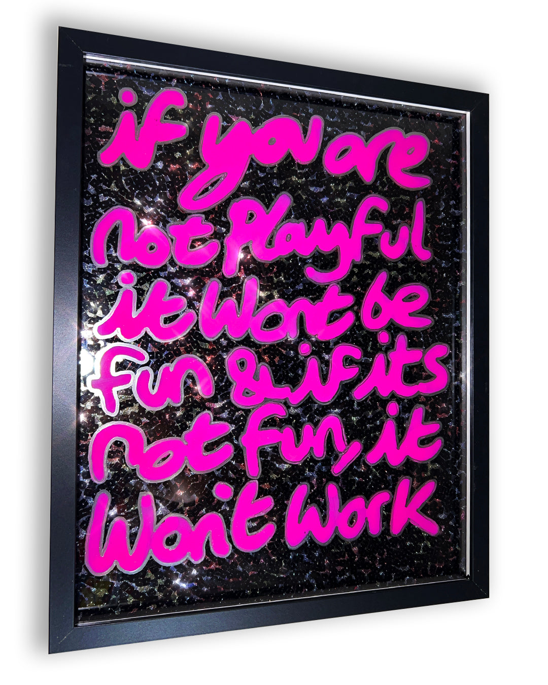 Playful. Pink ink with liquid chrome over black sequins. Medium.