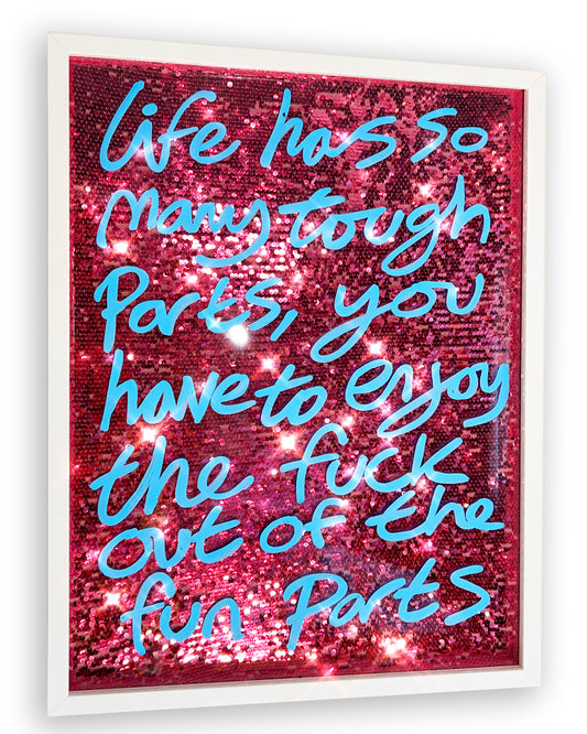 The fun parts. Sky blue ink over pink sequins. Large.