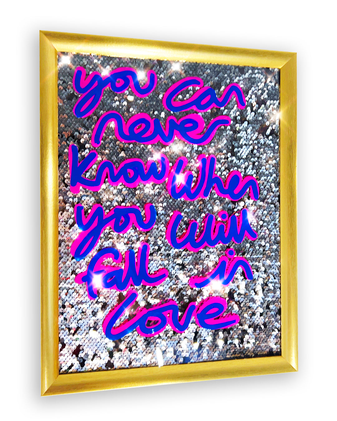 You can never know. Deep blue and pink ink over disco silver. Small