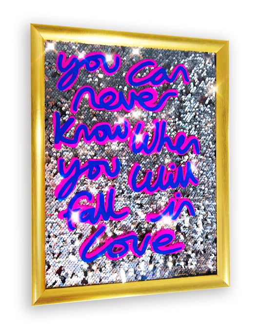 You can never know. Deep blue and pink ink over disco silver. Small