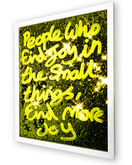 People who find joy. Sunshine yellow over green/gold/lime sequins. Medium