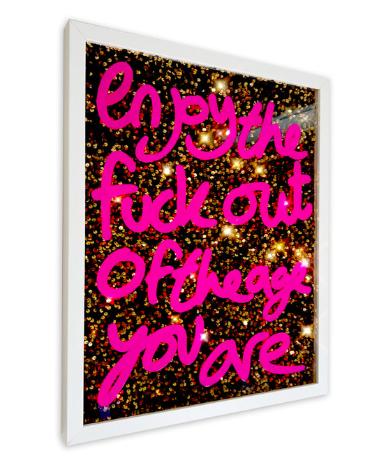 Age you are. Pink over rich gold sequins. Medium.