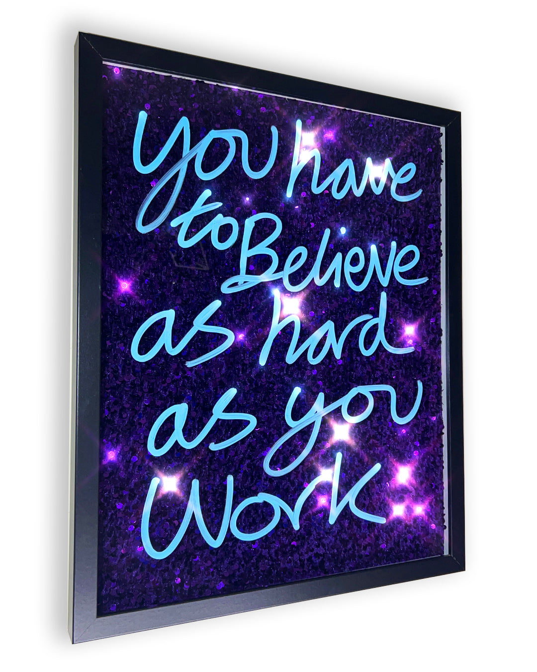 Believe.  Blue ink over deep purple sequins. Medium.