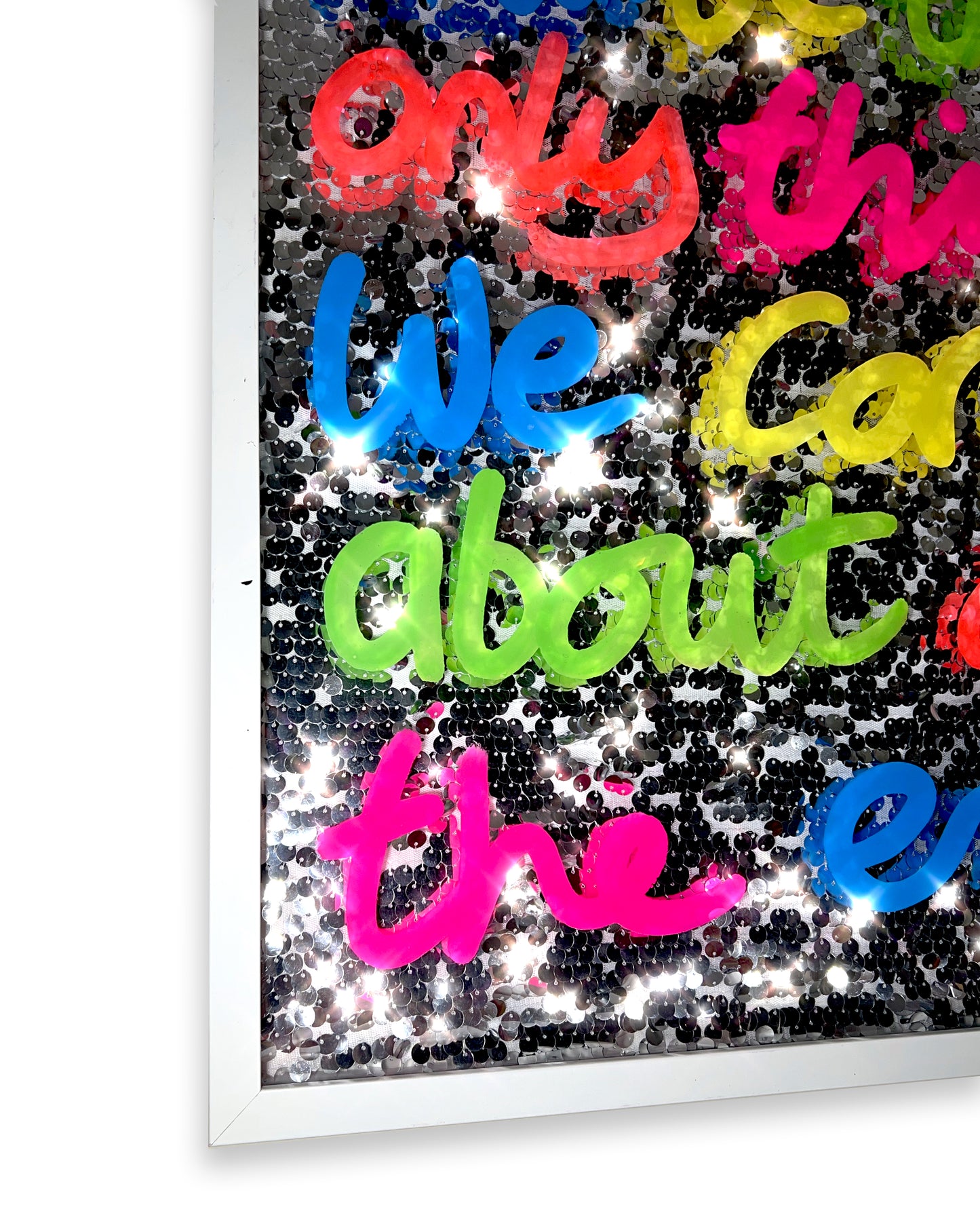 Memories. Bright ink over disco silver sequins. Large.