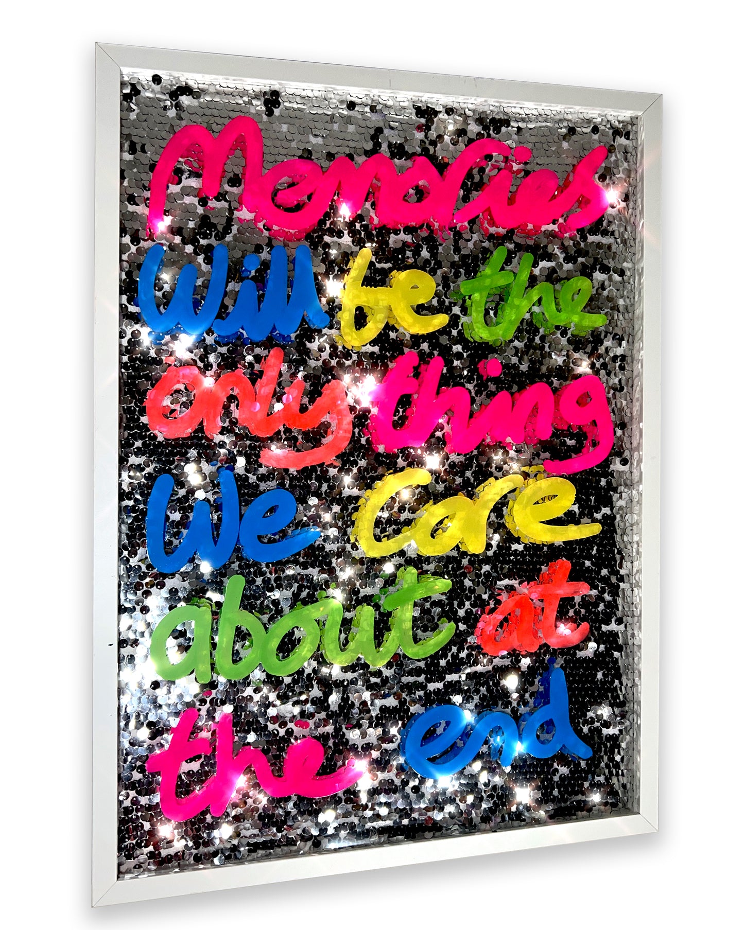 Memories. Bright ink over disco silver sequins. Large.