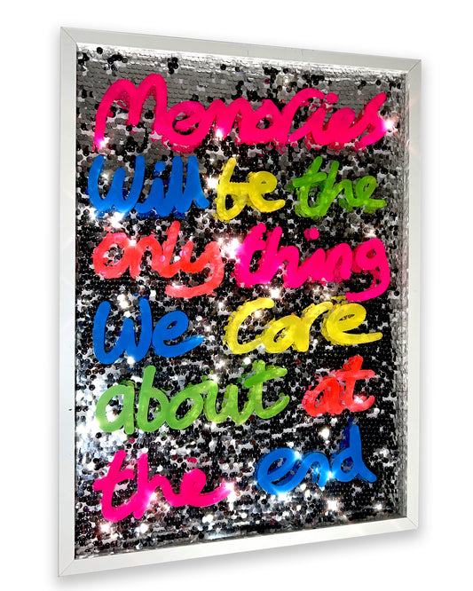 Memories. Bright ink over disco silver sequins. Large.