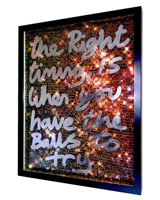Right timing. Liquid chrome ink over two tone bronze/green sequins.