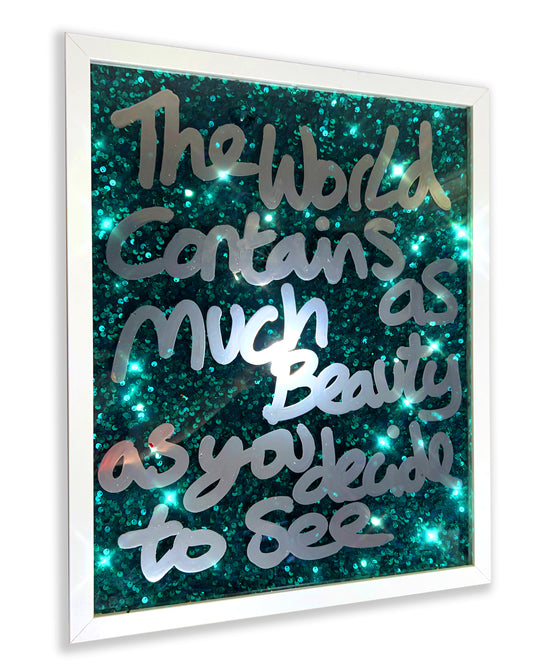 In your energy. Liquid chrome ink over frosty green sequins. Medium.