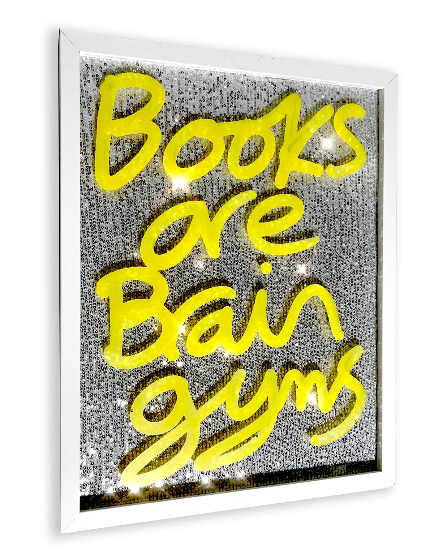 Brain Gyms. Yellow ink over ice silver sequins. Medium.