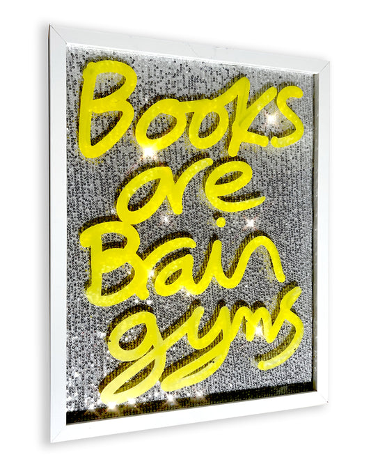 Brain Gyms. Yellow ink over ice silver sequins. Medium.