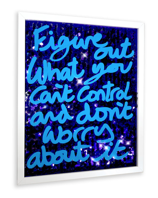 Can't control. Sky blue ink over deep purple sequins. Medium