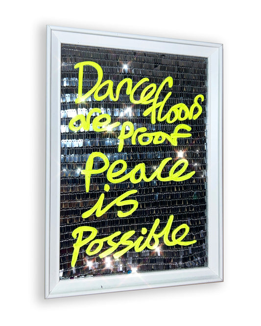 Proof peace is possible. Fluro yellow over silver disco sequins. Extra Small.
