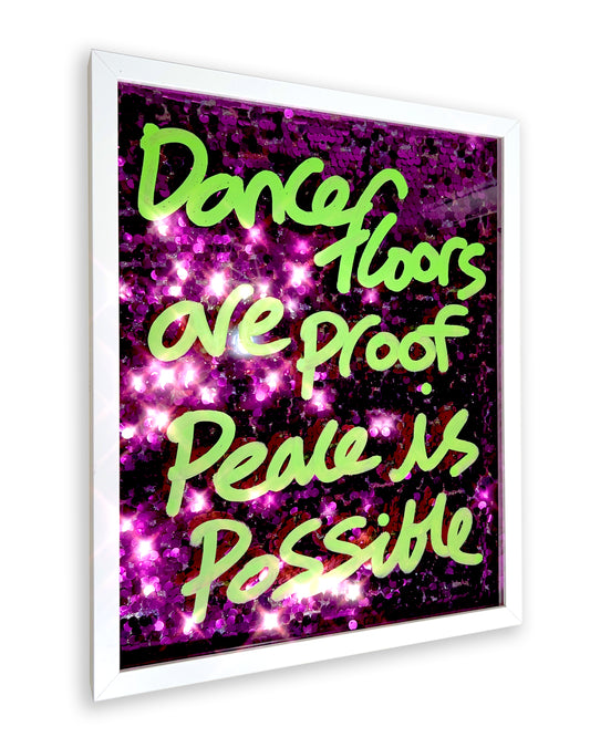 Dance floors. Green ink over pink/purple sequins. Medium