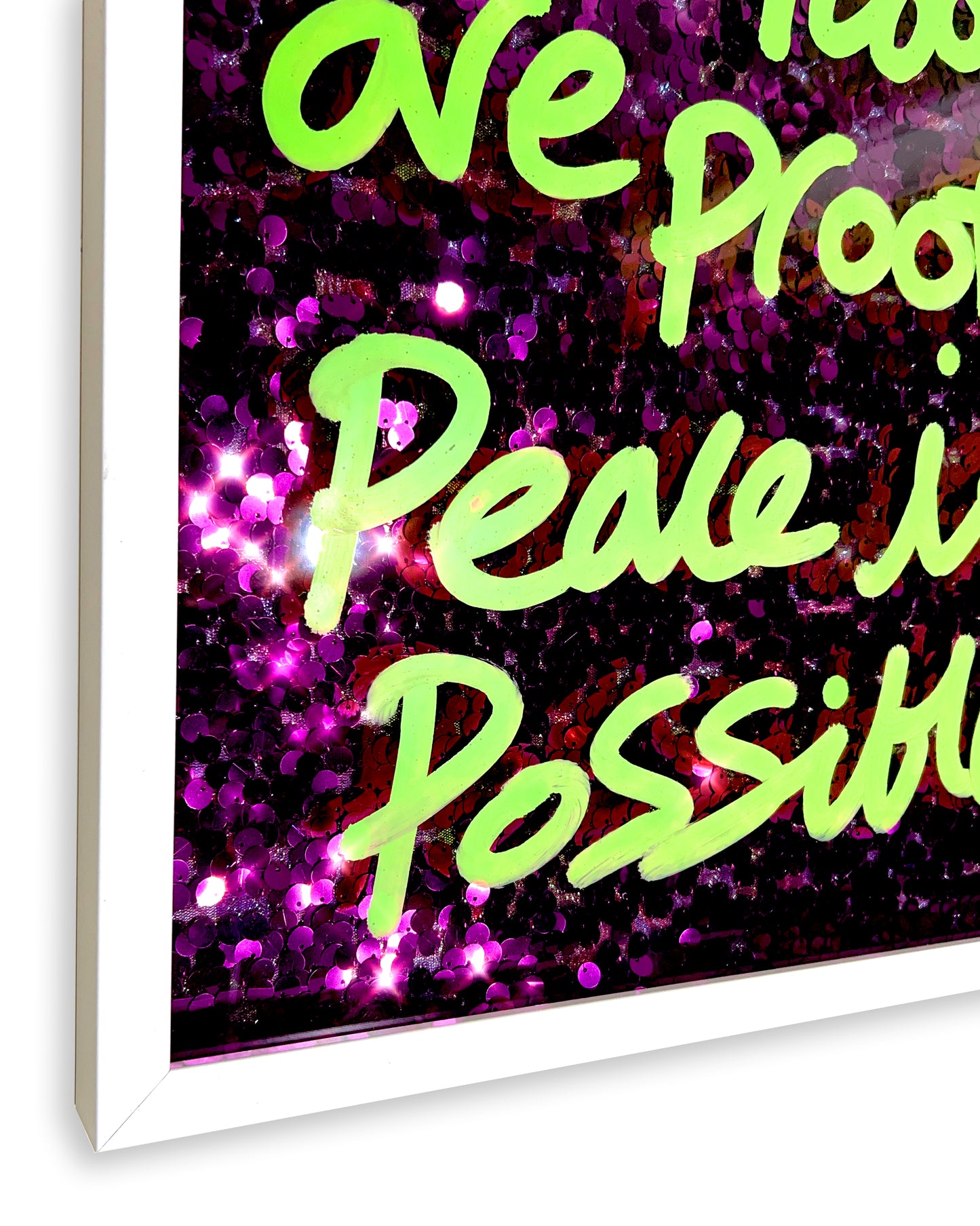 Dance floors. Green ink over pink/purple sequins. Medium