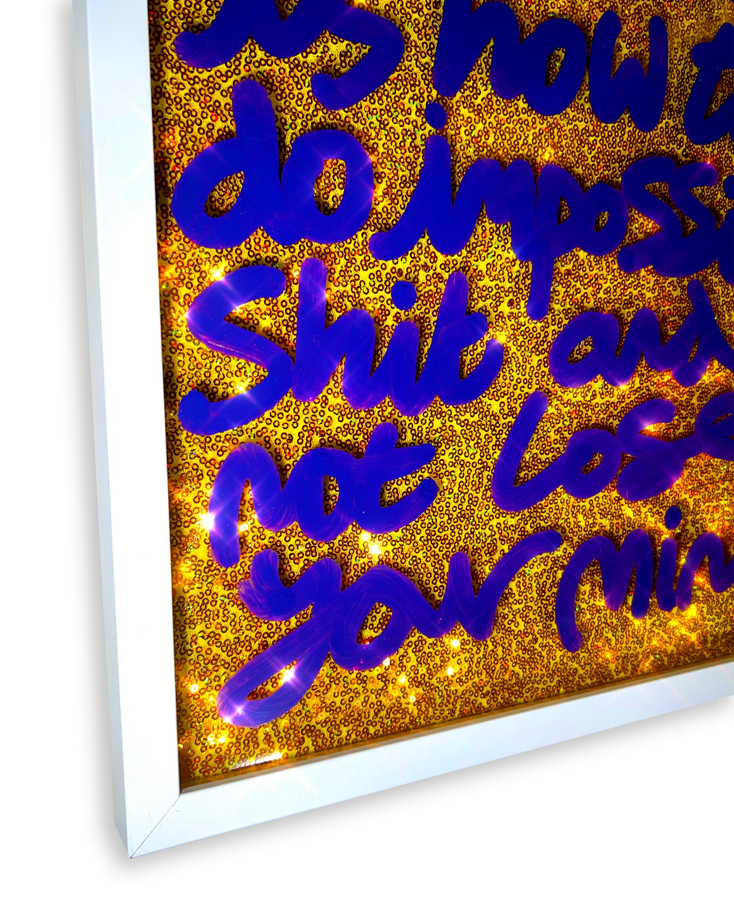 Sense of humour. Purple ink over iridescent gold sequins. Medium