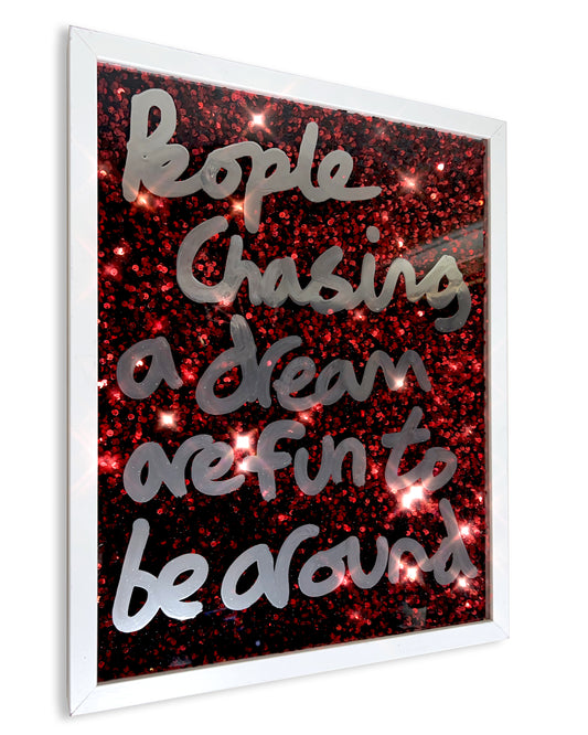 Dream chasers. Liquid chrome ink over deep red sequins. Medium.