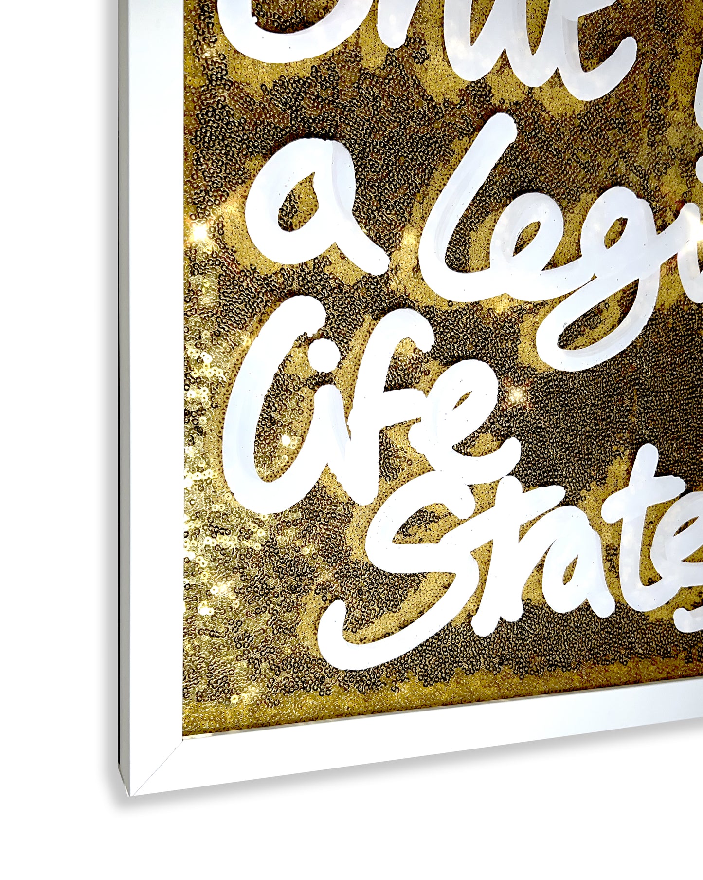Exciting Shit. White ink over pure gold sequins. Medium.